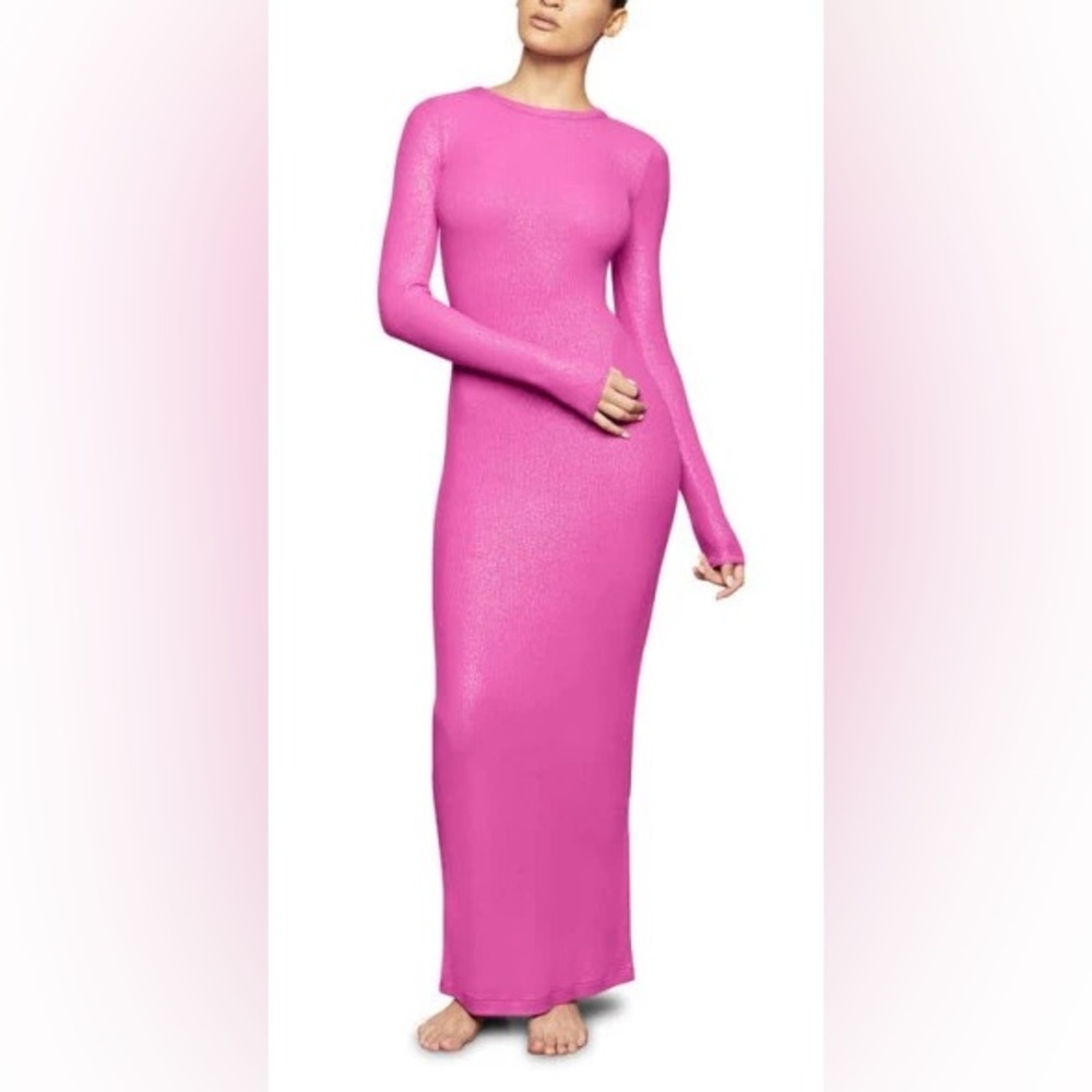 SKIMS Soft Lounge Shimmer Long Sleeve Maxi Dress in Fuchsia Foil